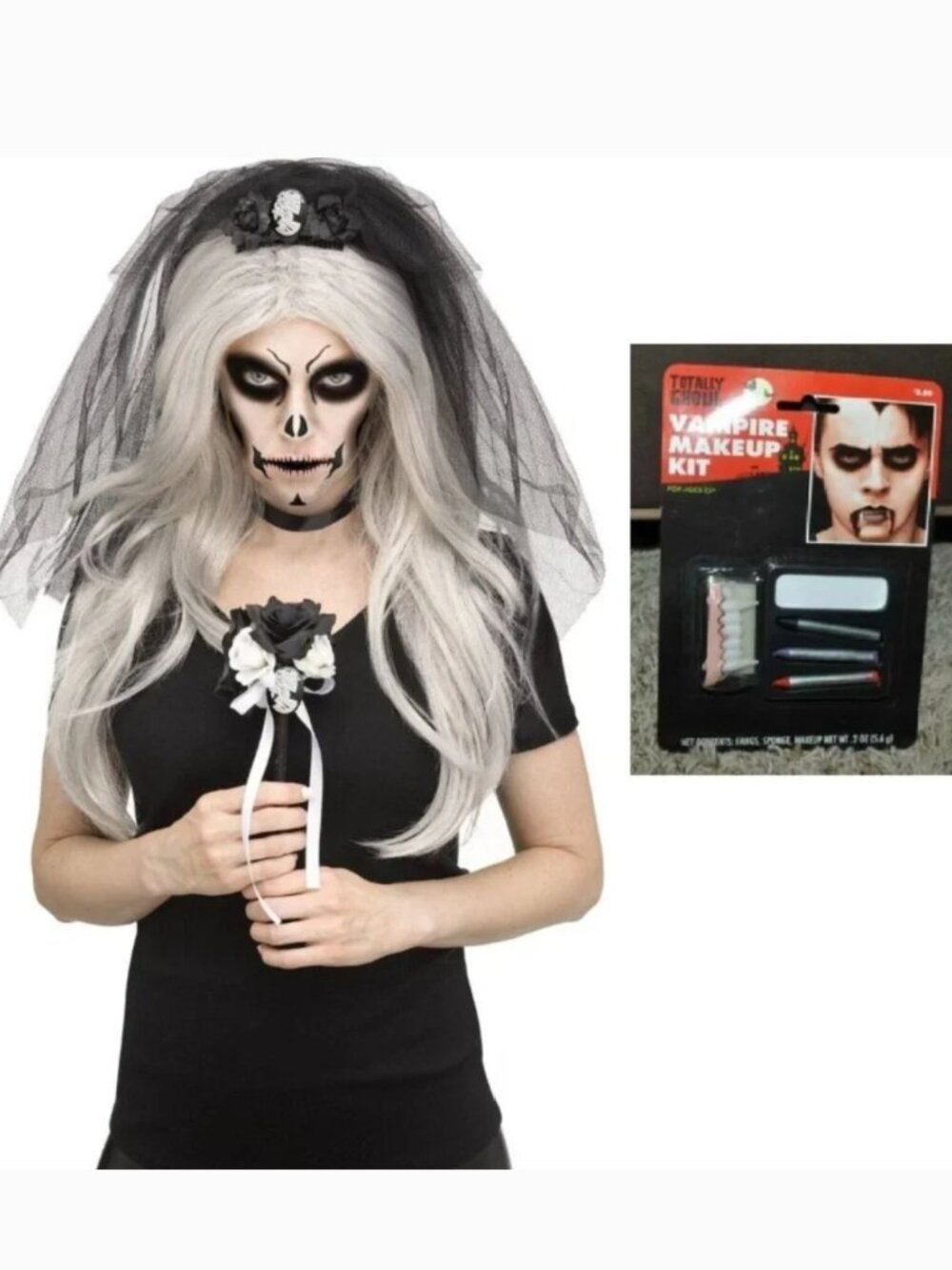 Skeleton Bride Veil Choker Bouquet Makeup Kit Halloween Costume Accessory 14+